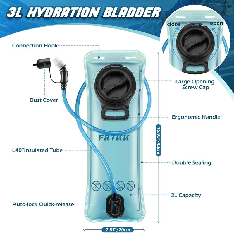 FRTKK 2L/3L Hydration Bladder, Leak Proof Water Bladder for Hydration Pack, BPA Free Wide Opening Ergonomic Shape Water Reservoir for Running Hiking Cycling Camping - Image 2